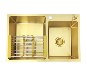 Zlewozmywak stalowy dwu komorowy STEEL 7549 ZŁOTY + Dozownik + Koszyk