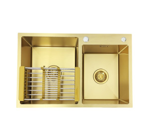 Zlewozmywak stalowy dwu komorowy STEEL 7549 ZŁOTY + Koszyk
