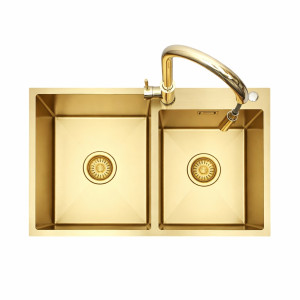 Zlewozmywak stalowy dwu komorowy STEEL 7549 ZŁOTY + Bateria AFINO