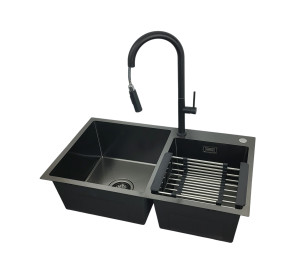 Zlewozmywak 78x45 Czarny + bateria LIRA Czarny mat + koszyk teleskopowy