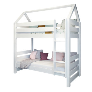 Drewniane łóżko piętrowe z daszkiem - Jan białe 90x200  | Lite drewno sosnowe | Tartak Meble
