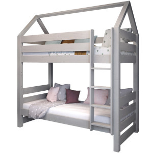 Drewniane łóżko piętrowe z daszkiem - Jan szare 90x200  | Lite drewno sosnowe | Tartak Meble