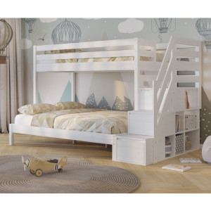 Łóżko piętrowe drewniane ze schodkami Sen Trio białe 140x200 / 90x200 | Lite drewno sosnowe | Tartak Meble