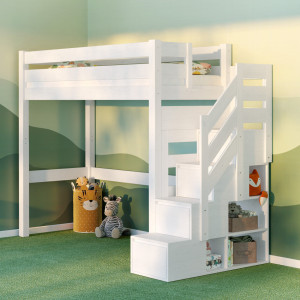 Drewniane łóżko na antresoli ze schodkami - Pięterko białe 200x90 | Lite drewno sosnowe | Tartak Meble