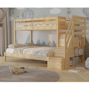 Łóżko piętrowe drewniane ze schodkami Sen Trio 140x200 / 90x200 | Lite drewno sosnowe | Tartak Meble