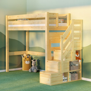 Drewniane łóżko na antresoli ze schodkami - Pięterko 200x90 | Lite drewno sosnowe | Tartak Meble