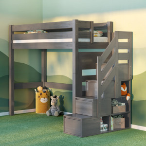 Drewniane łóżko na antresoli ze schodkami - Pięterko szare 200x90 | Lite drewno sosnowe | Tartak Meble