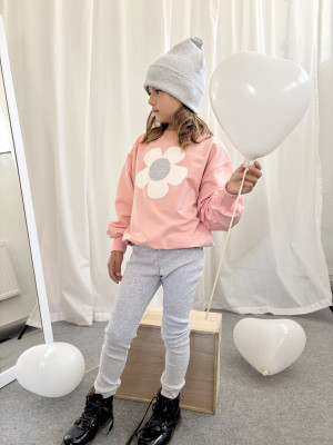 Komplet: bluza bawełniana w kolorze różowym i legginsy prążkowane w kolorze jasny szary melanż dla dziewczynki