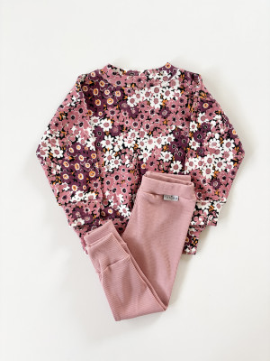 Komplet bluza prążkowana berry floral + legginsy prążkowane pudrowy róż