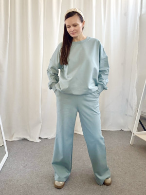 Komplet bluza damska i spodnie z szeroką nogawką niebieskie