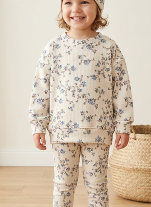Bluza bawełniana prążkowana beżowa z motywem róży dla dziewczynki