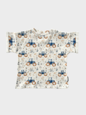 T-shirt bawełniany prążkowany w traktory dla chłopca