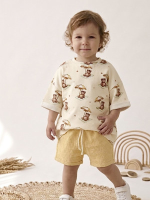 Komplet t-shirt summer bear + spodenki muślinowe miodowe