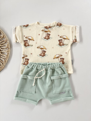Komplet t-shirt summer bear + szorty z kieszonkami wafel mięta