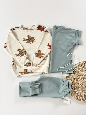 3pak bluza samoloty + spodnie i t-shirt dusty blue