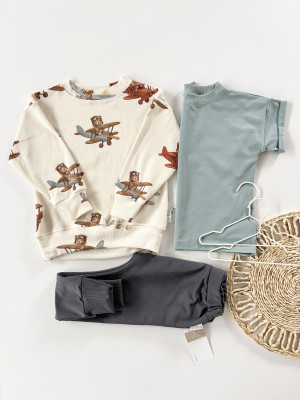 3pak bluza samoloty + spodnie grafit i t-shirt dusty blue