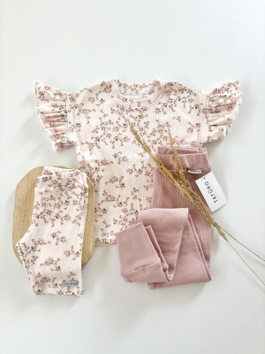 3pak t-shirt +kolarki petit rose puder + legginsy prążkowane pudrowy róż