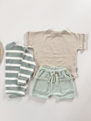 3pak bluza strips dusty blue + t-shirt natural i szorty prążek mint z kieszonkami