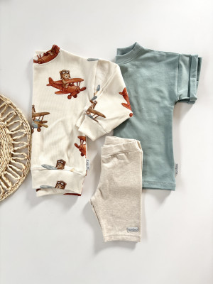 3pak bluza odlotowe misie + t-shirt dusty blue i kolarki natural