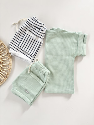 3pak t-shirt wafel mint + szorty z kieszonkami wafel mint i strips navy