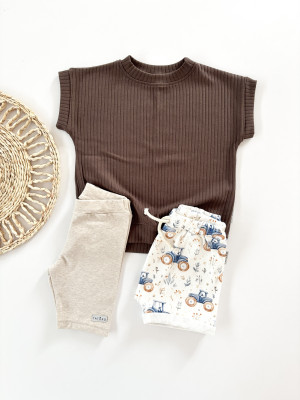 3pak t-shirt prążek dark chocolatet + szorty Tractors i kolarki natural