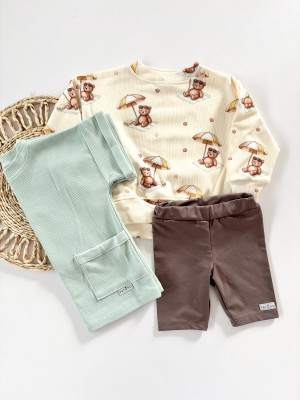 3pak bluza summer bear , t-shirt wafel mint z kieszonką + kolarki czekolada