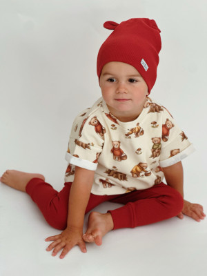Komplet t-shirt forest bear +legginsy basic prążkowane chili