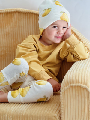 Komplet bluza bawełniana dresowa miodowa i legginsy bawełniane prążkowane w gruszki dla chłopca