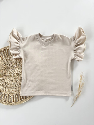 T-shirt bawełniany z falbankami w kolorze ciepłego beżu dla dziewczynki
