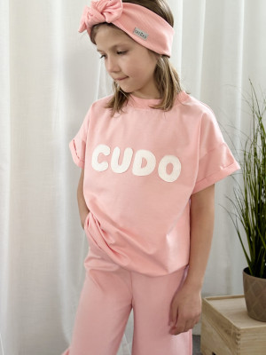 T-shirt bawełniany z napisem „Cudo” w kolorze różowym dla dziewczynki