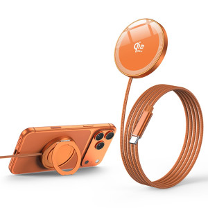 Trådlös Qi2-kompatibel laddare 25 W med ringställ och flätad kabel – Orange