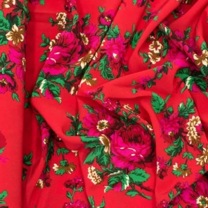 Konsultacje z krawcową - Tkanina kelly krepa - wzór ludowy na czerwonym tle TextileClub 