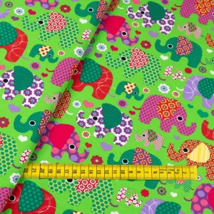 Konsultacje z krawcową - Dzianina bawełniana organiczna wzór kolorowe słonie kolor zielony TextileClub 