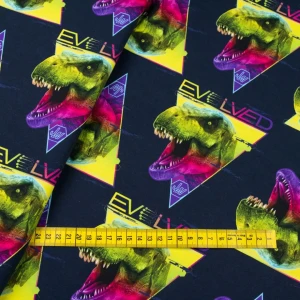 Konsultacje z krawcową - Dzianina bawełniana organiczna wzór dinozaur kolor granatowy TextileClub 