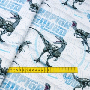 Konsultacje z krawcową - Dzianina bawełniana organiczna wzór dinozaur raptor kolor biały TextileClub 
