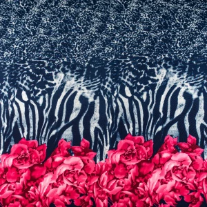 Konsultacje z krawcową - Tkanina kelly krepa wzór kwiaty i panterka kolor granatowy TextileClub 