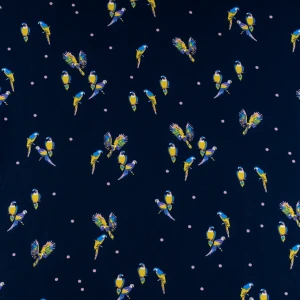Konsultacje z krawcową - Tkanina kelly krepa wzór papugi na granatowym tle TextileClub 