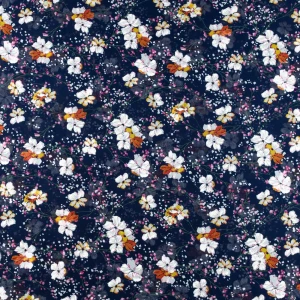 Konsultacje z krawcową - Tkanina szyfon wzór pomarańczowe kwiaty na granatowym tle TextileClub 