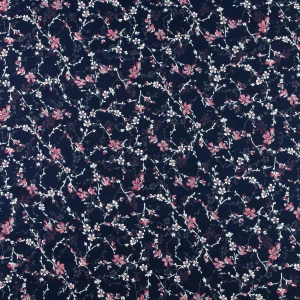 Konsultacje z krawcową - Tkanina szyfon wzór różowe kwiatki na granatowym tle TextileClub 