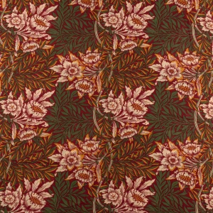 Konsultacje z krawcową - Tkanina szyfon wzór zielone kwiaty na czerwonym tle TextileClub 