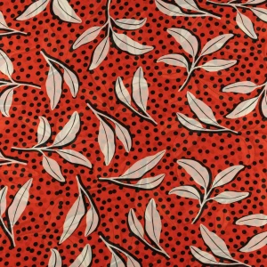 Konsultacje z krawcową - Tkanina szyfon wzór groszki i liście na czerwonym tle TextileClub 
