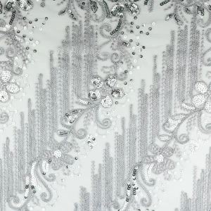 Konsultacje z krawcową - Koronka materiał w kwiaty kolor srebrny TextileClub 
