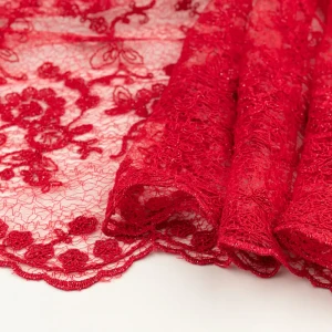 Koronka materiał w kwiaty kolor czerwony TextileClub 
