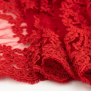 Koronka materiał w kwiaty kolor czerwony TextileClub 