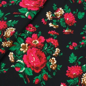 Konsultacje z krawcową - Tkanina kelly krepa wzór ludowy na czarnym tle TextileClub 