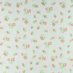 Muślin bawełniany wzór różowe kwiaty kolor ecru TextileClub 