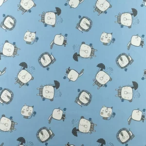Dzianina bawełniana organiczna wzór zwierzaczki kolor błękitny TextileClub 