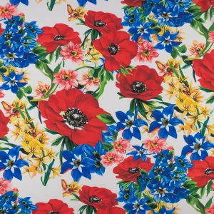Tkanina wiskoza twill wzór kwiaty kolor biały TextileClub 