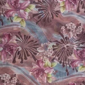 Tkanina szyfon wzór kwiaty kolor fioletowo różowy TextileClub 