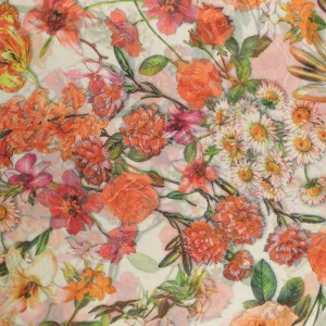 Tkanina szyfon wzór kwiaty kolor zielono pomarańczowy TextileClub 